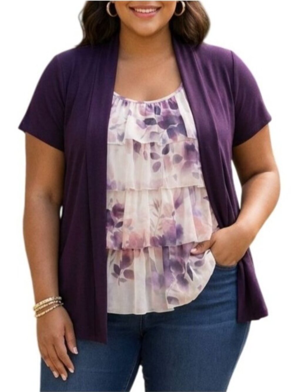 Cardigan Attached Top Size Large Layered Purple Floral Ruffle Sleeveless Womens